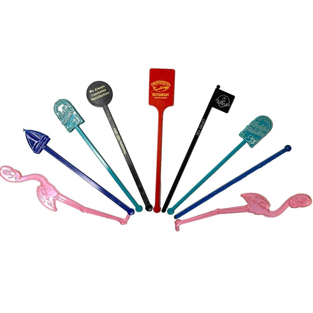 Lot of 9 Vintage Swizzle Sticks 6" Cocktail Bar Drink Stirrers Assorted Styles